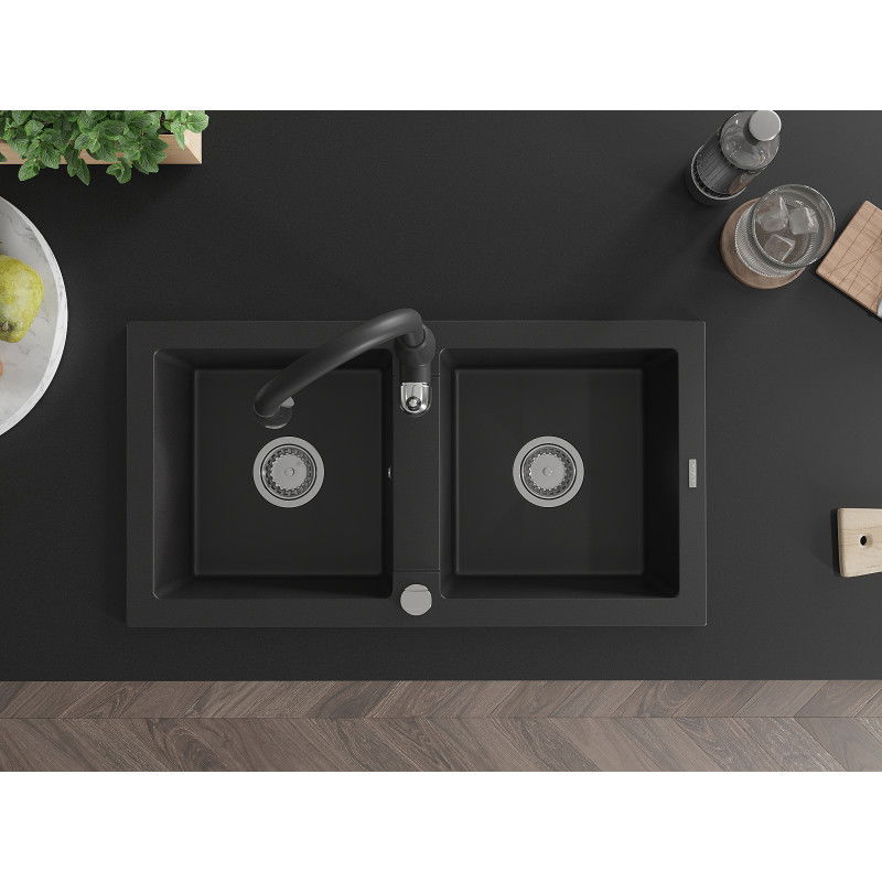 Mexen Mario granite sink 2-chamber with Savita kitchen tap, black - 6504-77-672601-70
