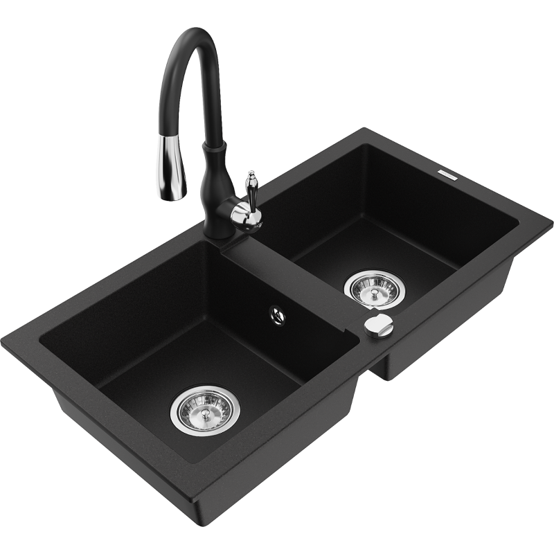 Mexen Mario fregadero de granito de 2 senos con grifo de cocina Savita, negro - 6504-77-672601-70