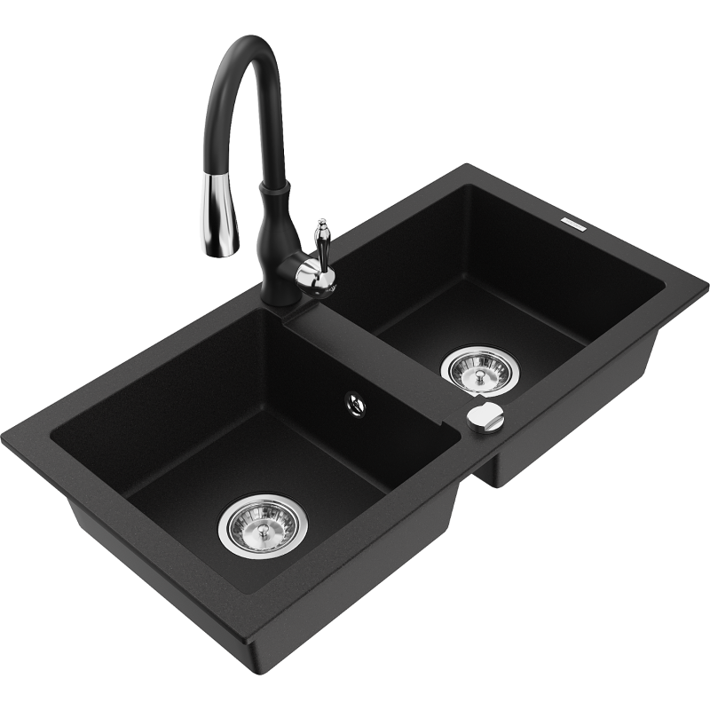 Mexen Mario granitéiert duebel-Spull mat Kichengranittoilette, schwaarz - 6504-77-672601-70