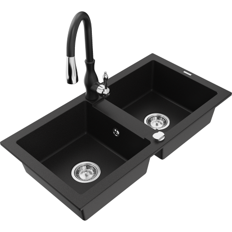 Mexen Mario fregadero de granito de 2 senos con grifo de cocina Savita, negro - 6504-77-672601-70
