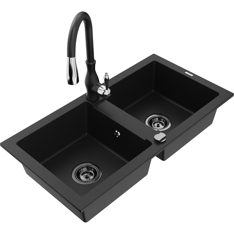 Mexen Mario fregadero de granito de 2 compartimentos con grifo de cocina Savita, negro - 6504-77-672601-70-B