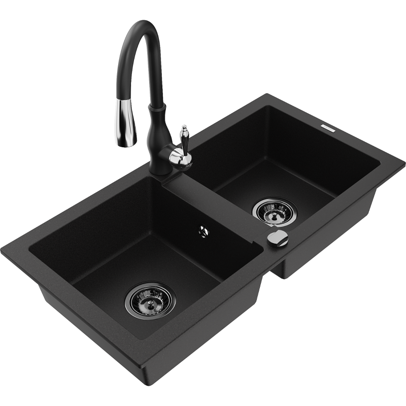 Mexen Mario granite sink 2-chamber with Savita kitchen tap, black - 6504-77-672601-70-B