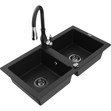 Mexen Mario fregadero de granito de 2 compartimentos con grifo de cocina Savita, negro - 6504-77-672601-70-B