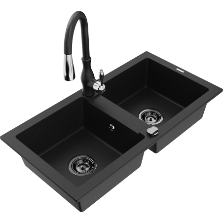 Mexen Mario granite sink 2-chamber with Savita kitchen tap, black - 6504-77-672601-70-B