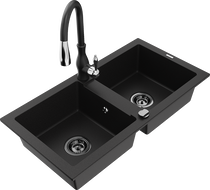 Mexen Mario fregadero de granito de 2 compartimentos con grifo de cocina Savita, negro - 6504-77-672601-70-B