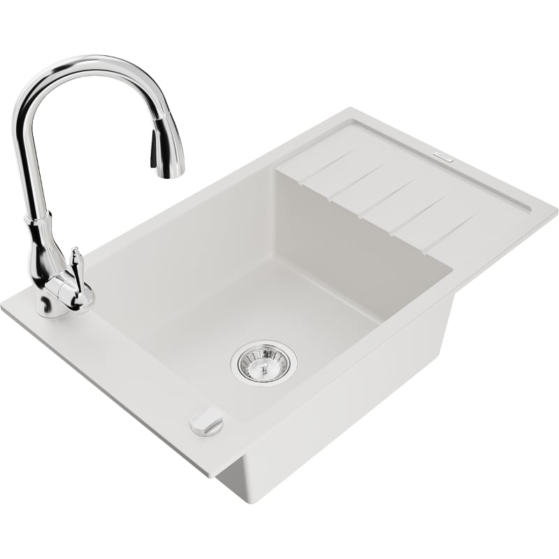 Mexen Elias 1-bowl granite sink with drainer and Savita kitchen faucet, white - 6511-20-672601-00