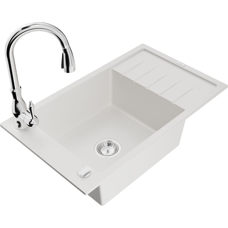 Mexen Elias fregadero de granito de 1 seno con escurridor y grifo de cocina Savita, blanco - 6511-20-672601-00