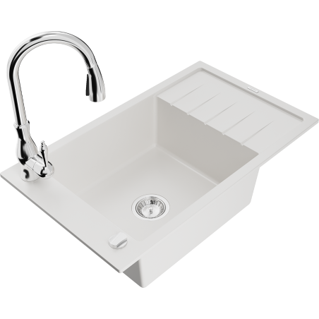 Mexen Elias fregadero de granito de 1 seno con escurridor y grifo de cocina Savita, blanco - 6511-20-672601-00