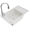 Mexen Elias 1-Bowl Granite Sink with Drainer and Savita Kitchen Tap, White - 6511-20-672601-00