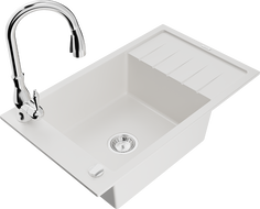 Mexen Elias 1-bowl granite sink with drainer and Savita kitchen faucet, white - 6511-20-672601-00