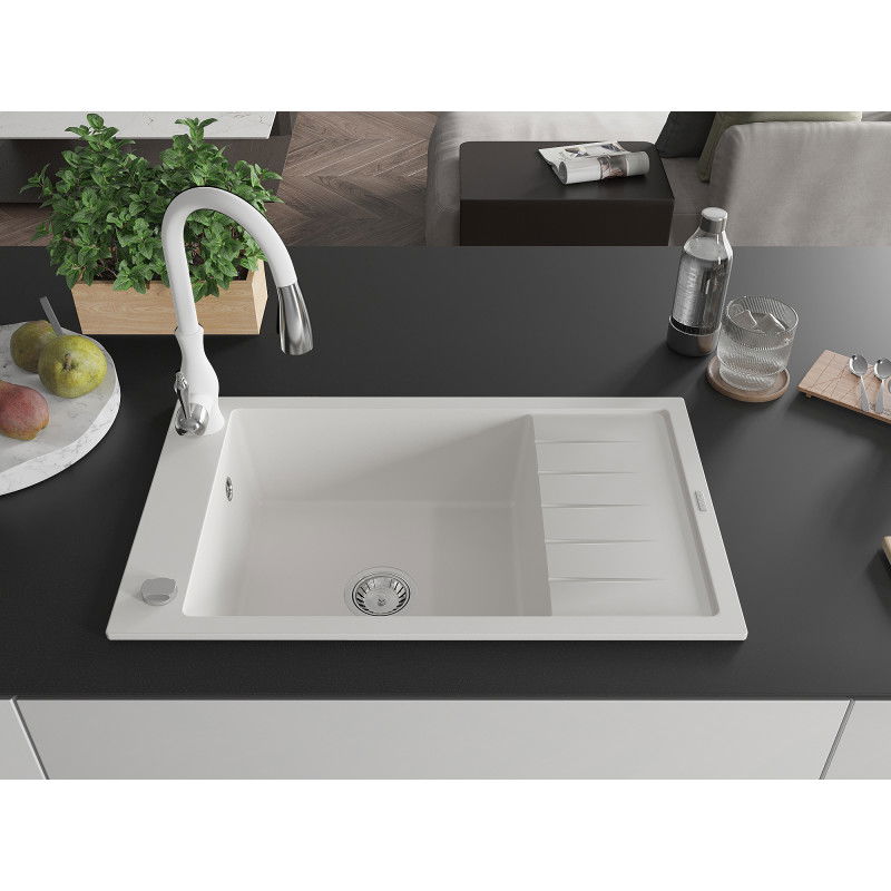 Mexen Elias granite sink 1-bowl with drainer and Savita kitchen tap, white - 6511-20-672601-20
