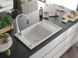 Mexen Elias granite sink with 1 bowl, drainer and Savita kitchen faucet, white - 6511-20-672601-20