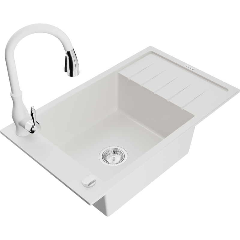 Mexen Elias fregadero de granito de 1 tazón con escurridor y grifo de cocina Savita, blanco - 6511-20-672601-20