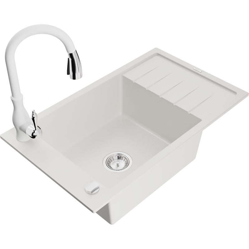Mexen Elias granite sink 1-bowl with drainer and Savita kitchen tap, white - 6511-20-672601-20