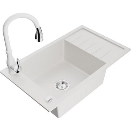 Mexen Elias granite sink 1-bowl with drainer and Savita kitchen tap, white - 6511-20-672601-20