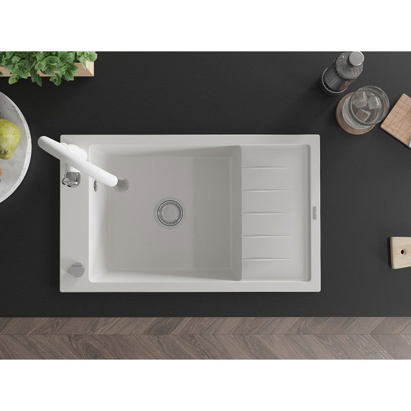 Mexen Elias granite sink 1-bowl with drainer and Savita kitchen tap, white - 6511-20-672601-20
