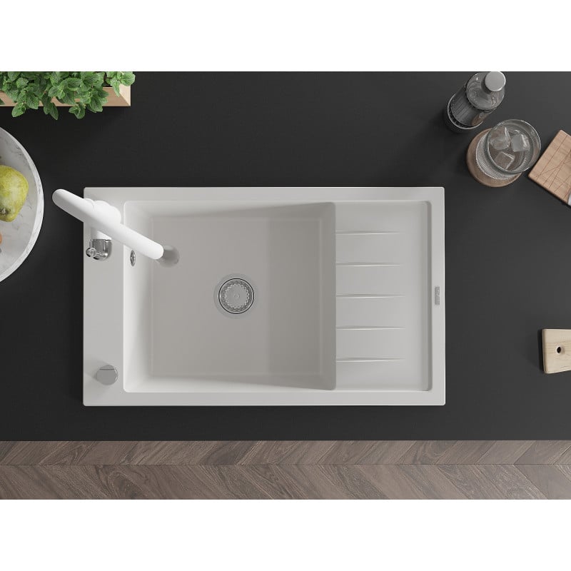 Mexen Elias lava-loiça de granito 1-cuba com escorredor e torneira de cozinha Savita, branco - 6511-20-672601-20
