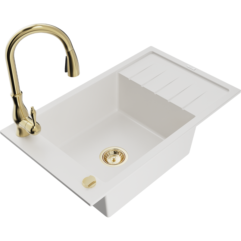 Mexen Elias granieten spoelbak 1-kamer met afdruiprek en keukenmengkraan Savita, wit - 6511-20-672601-50