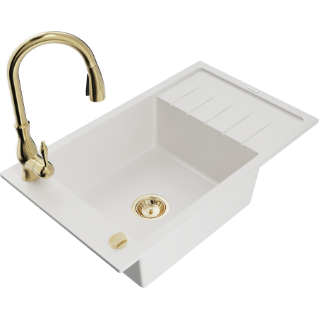 Mexen Elias 1-bowl granite sink with drainer and Savita kitchen faucet, white - 6511-20-672601-50