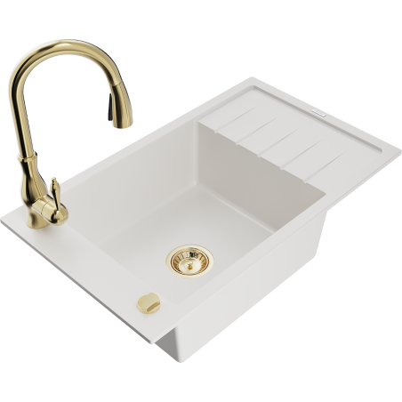 Mexen Elias évier en granit 1 bac avec égouttoir et robinet de cuisine Savita, blanc - 6511-20-672601-50