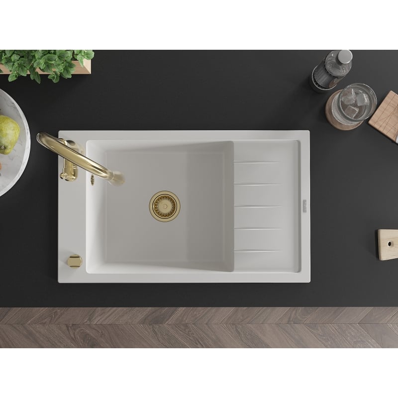 Mexen Elias 1-bowl granite sink with drainer and Savita kitchen faucet, white - 6511-20-672601-50