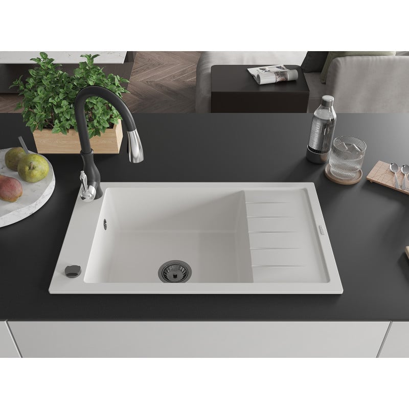 Mexen Elias granitdiskbänk med en ho med avrinningsyta och köksblandare Savita, vit - 6511-20-672601-70