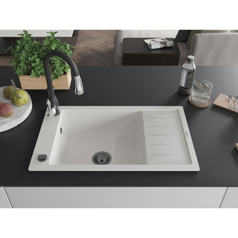 Mexen Elias lavello da cucina in granito a 1 vasca con scolapiatti e rubinetto da cucina Savita, bianco - 6511-20-672601-70
