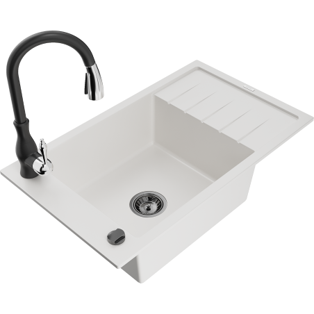 Mexen Elias fregadero de granito de 1 cubeta con escurridor y grifo de cocina Savita, blanco - 6511-20-672601-70