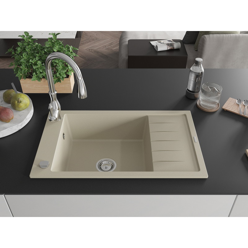 Mexen Elias lavello in granito 1-vasca con scolapiatti e rubinetto da cucina Savita, beige - 6511-69-672601-00