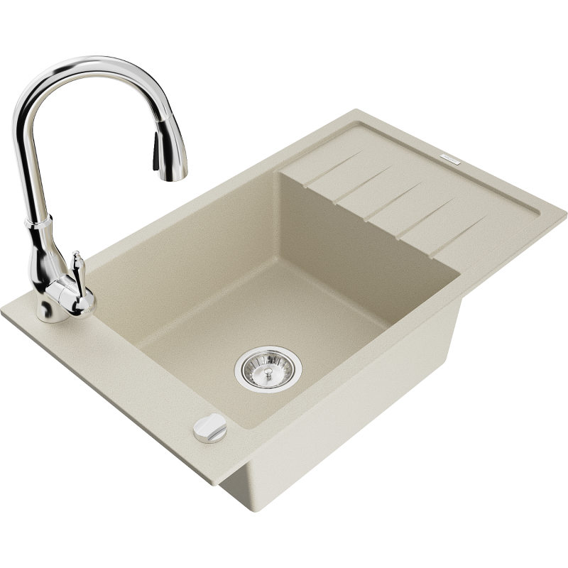 Mexen Elias fregadero de granito de 1 cubeta con escurridor y grifo de cocina Savita, beige - 6511-69-672601-00