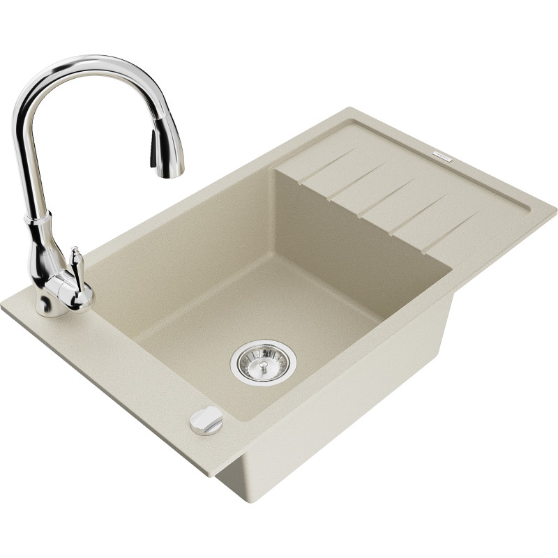 Mexen Elias lavello in granito monovasca con scolapiatti e rubinetto da cucina Savita, beige - 6511-69-672601-00