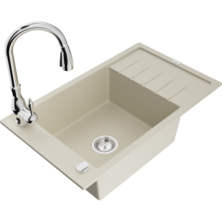 Mexen Elias granite kitchen sink 1-bowl with drainer and Savita kitchen faucet, beige - 6511-69-672601-00