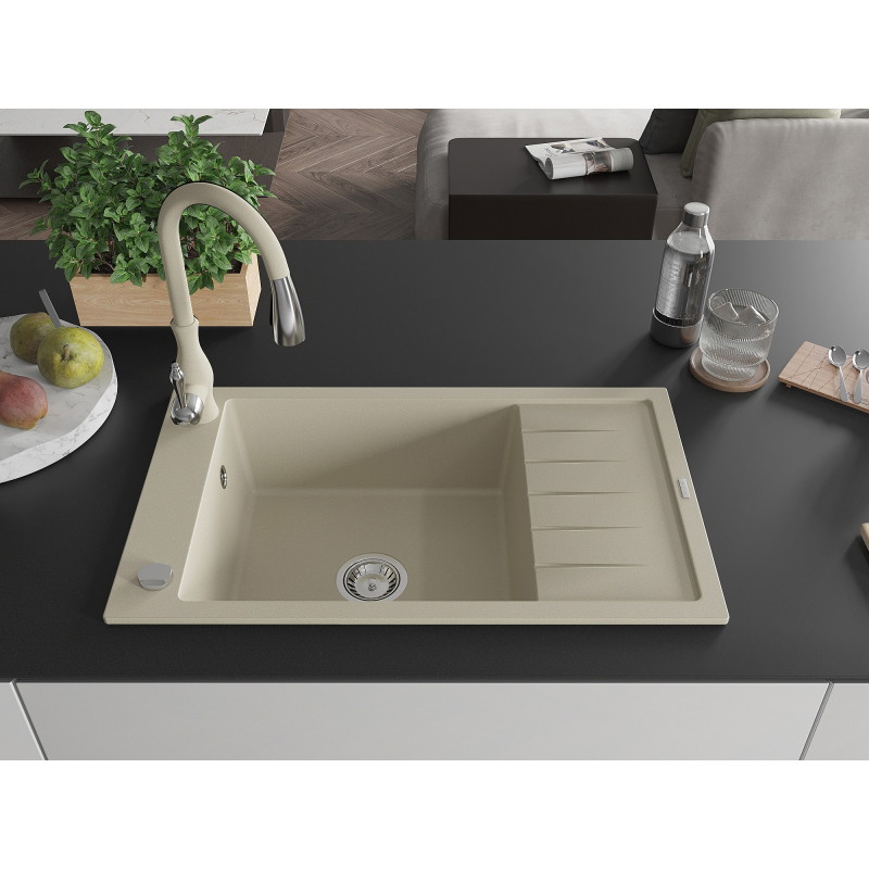Mexen Elias Granitspüle 1-Becken mit Abtropffläche und Küchenarmatur Savita, beige - 6511-69-672601-69