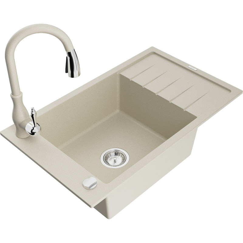Mexen Elias lavello in granito 1-vasca con scolapiatti e rubinetto cucina Savita, beige - 6511-69-672601-69