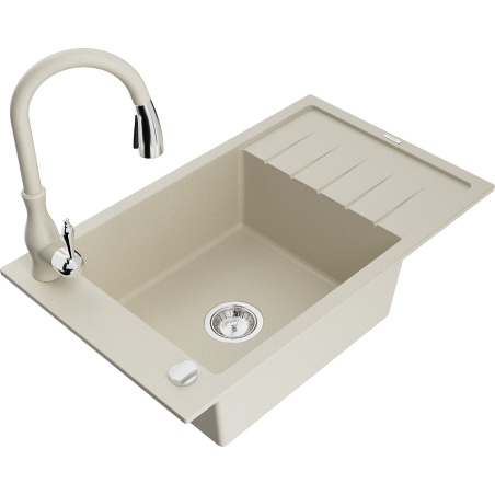 Mexen Elias fregadero de cocina de granito de 1 cuba con escurridor y grifo de cocina Savita, beige - 6511-69-672601-69
