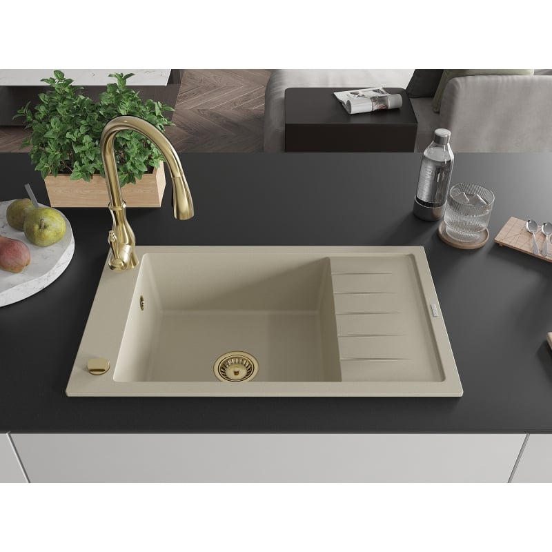 Mexen Elias Savita Beige Granite 1-Bowl Sink with Drainer and Kitchen Faucet - 6511-69-672601-50