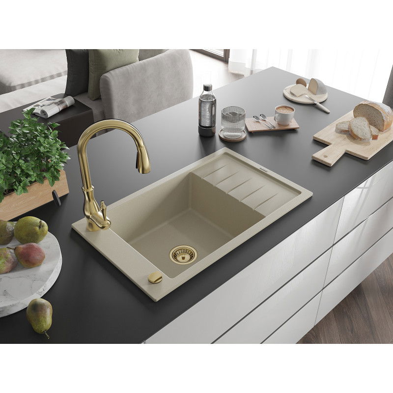 Mexen Elias 1-bowl granite sink with drainer and Savita kitchen tap, beige - 6511-69-672601-50