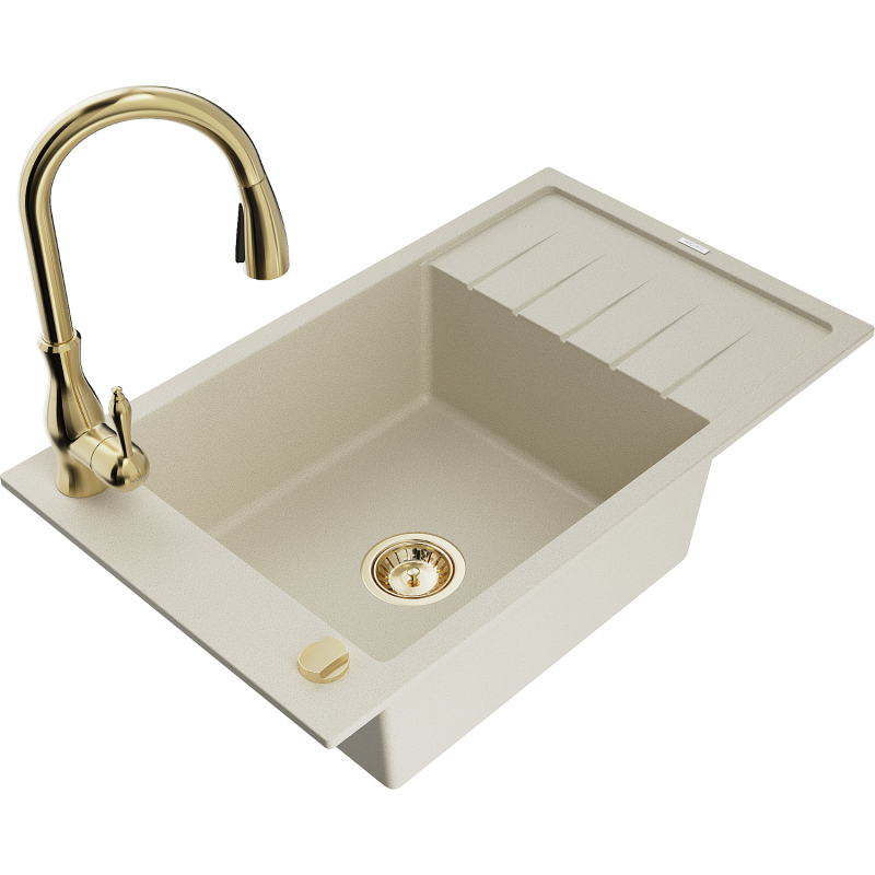 Mexen Elias fregadero de granito 1-cámara con escurridor y grifo de cocina Savita, beige - 6511-69-672601-50