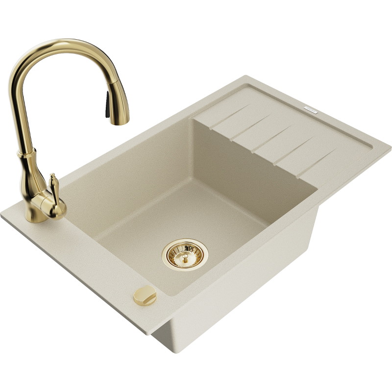 Mexen Elias Granitspüle 1-Becken mit Abtropffläche und Küchenarmatur Savita, beige - 6511-69-672601-50