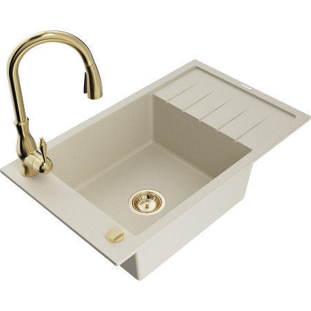 Mexen Elias évier en granit 1 bac avec égouttoir et robinet de cuisine Savita, beige - 6511-69-672601-50