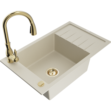 Mexen Elias granit gootsteen 1-kamerig met afdruiprek en keukenkraan Savita, beige - 6511-69-672601-50