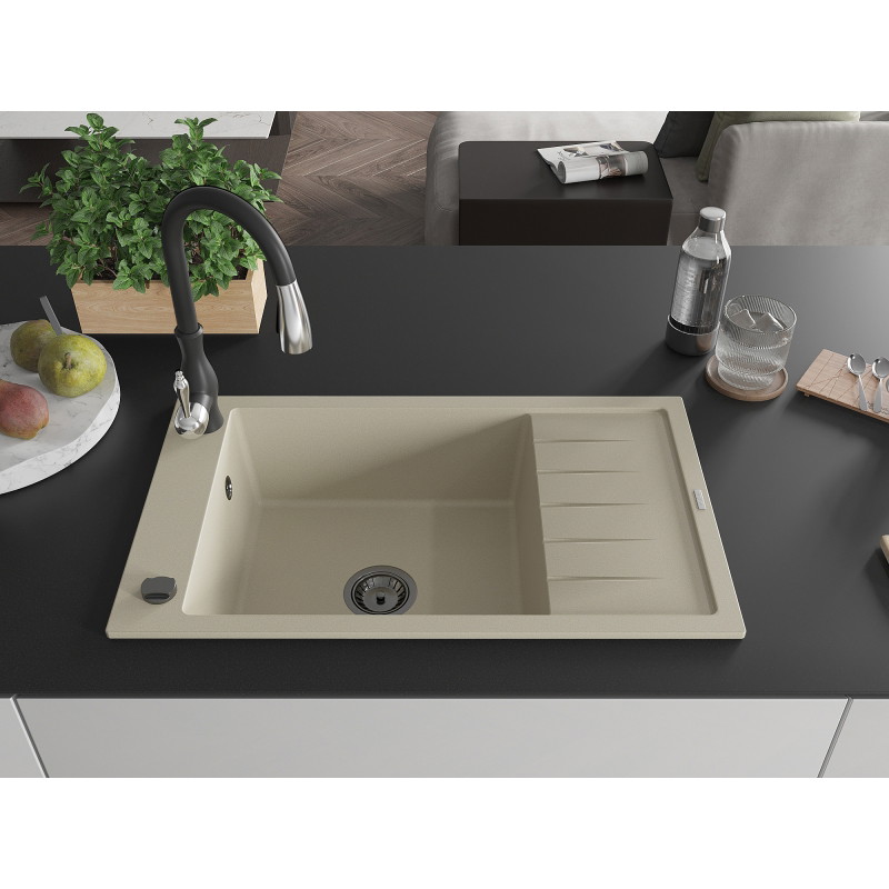 Mexen Elias granit gootsteen met 1 bak, afdruiprek en keukenkraan Savita, beige - 6511-69-672601-70