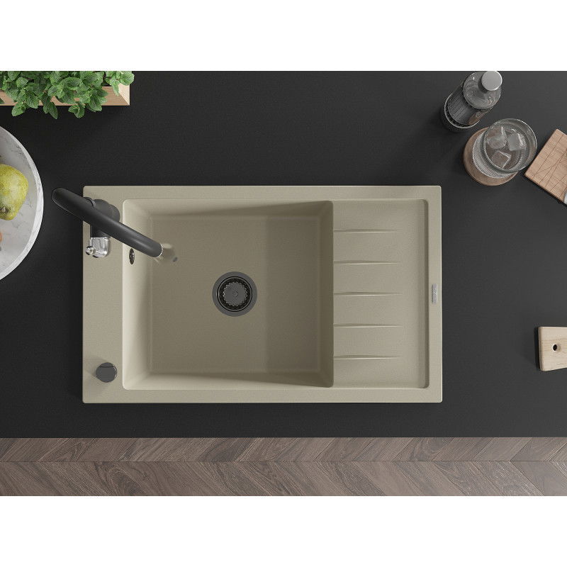 Mexen Elias single-bowl granite sink with drainer and Savita kitchen tap, beige - 6511-69-672601-70