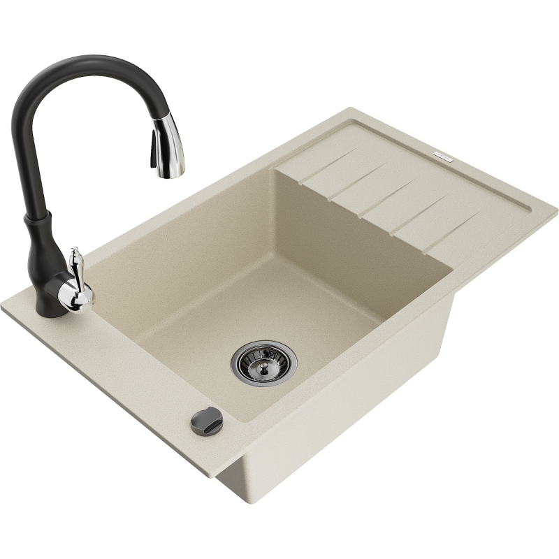 Mexen Elias fregadero de granito de 1 cubeta con escurridor y grifo de cocina Savita, beige - 6511-69-672601-70