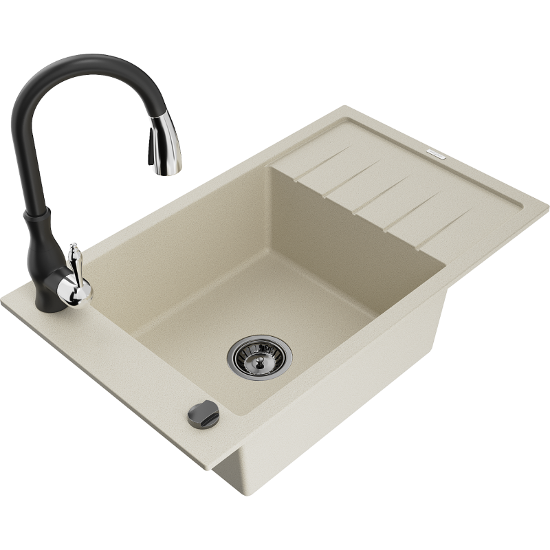 Mexen Elias single-bowl granite sink with drainer and Savita kitchen tap, beige - 6511-69-672601-70