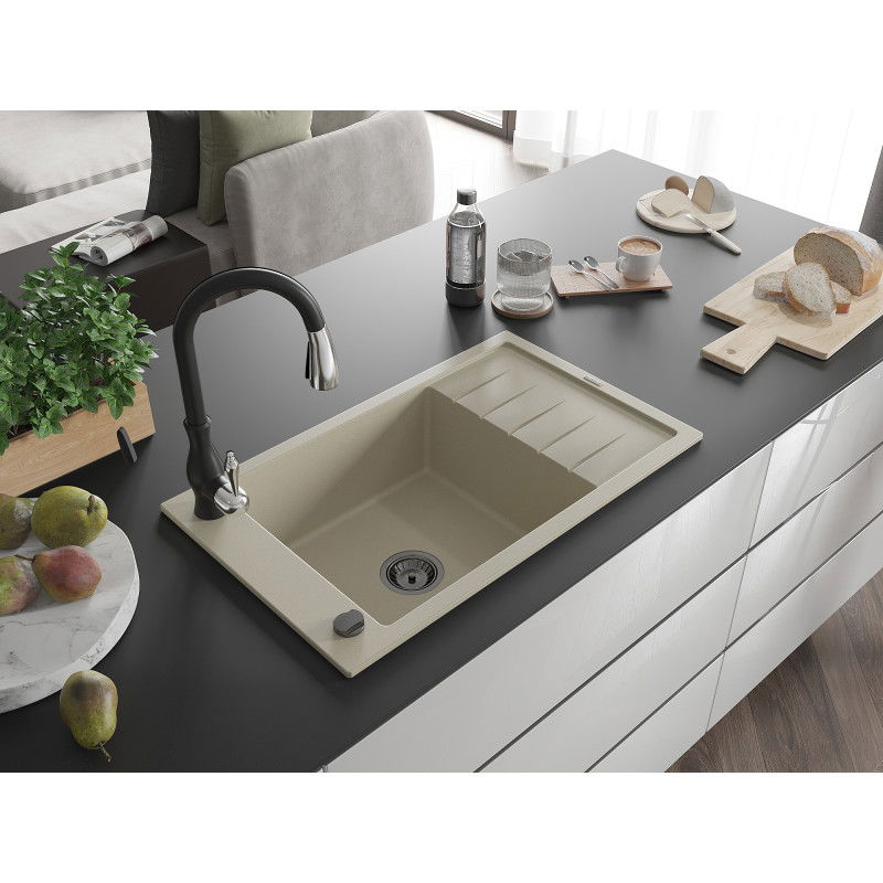Mexen Elias lavello in granito 1-vasca con sgocciolatoio e rubinetto cucina Savita, beige - 6511-69-672601-70