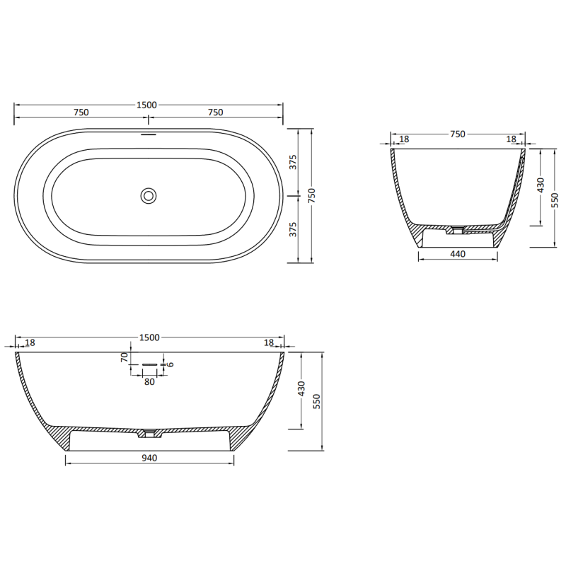 Mexen Rimini baignoire autoportante en conglomérat 150 x 75 cm, blanc mat - 57241507500