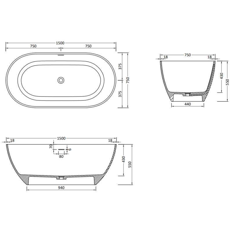 Mexen Rimini freistehende Badewanne aus Konglomerat 150 x 75 cm, weiß matt - 57241507500