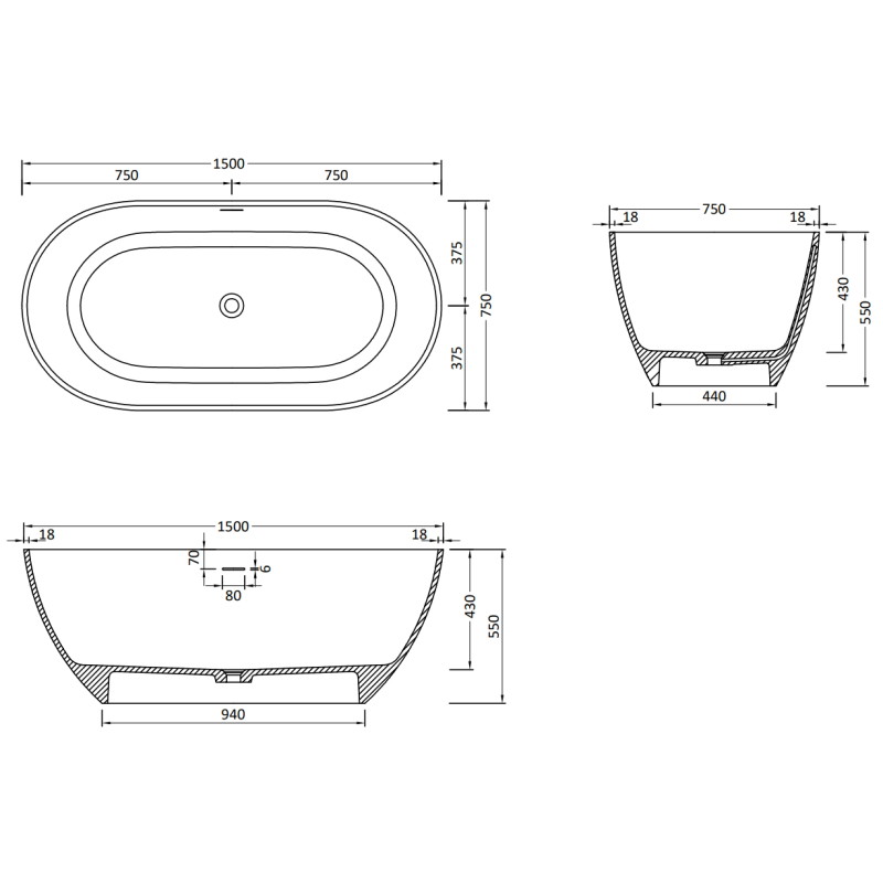 Mexen Rimini vrijstaande badkuip van composiet 150 x 75 cm, wit mat - 57241507500