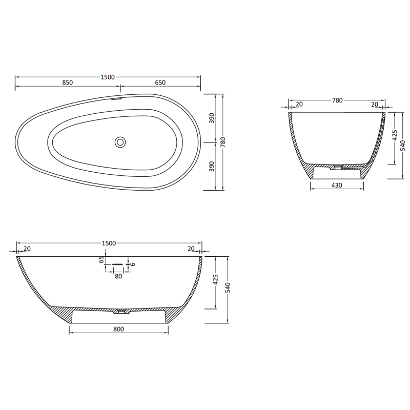 Mexen Palermo baignoire autoportante en conglomérat 150 x 78 cm, blanc mat - 57211507800